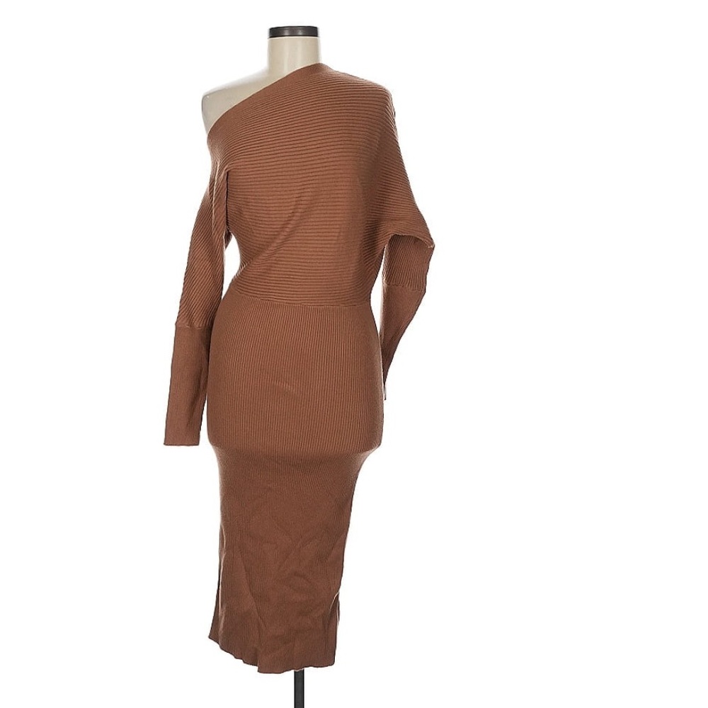 River Island Rusty Brown Asymmetrical Off-the-Shoulder Midi Dress Size 10 NWT